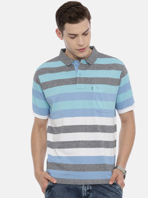 

Classic Polo Men Blue & Grey Striped Polo Collar T-shirt
