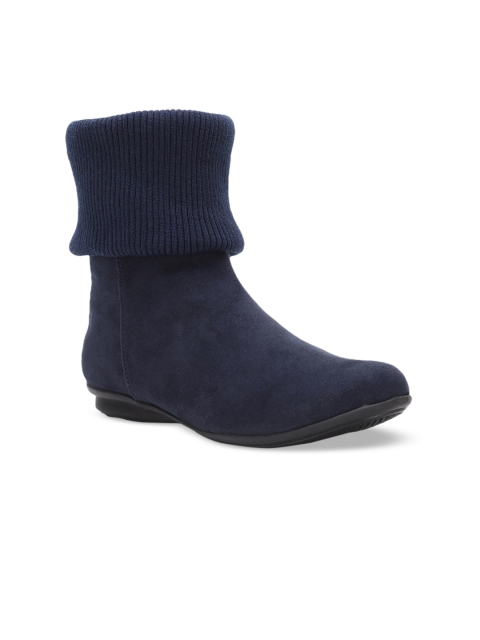 

Bruno Manetti Women Navy Blue Solid Suede High-Top Flat Boots
