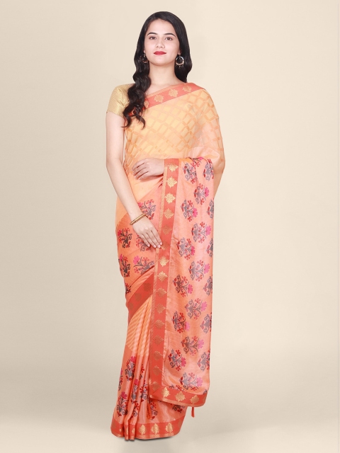 CLAI WORLD Orange & Cream-Coloured Brasso Printed Saree