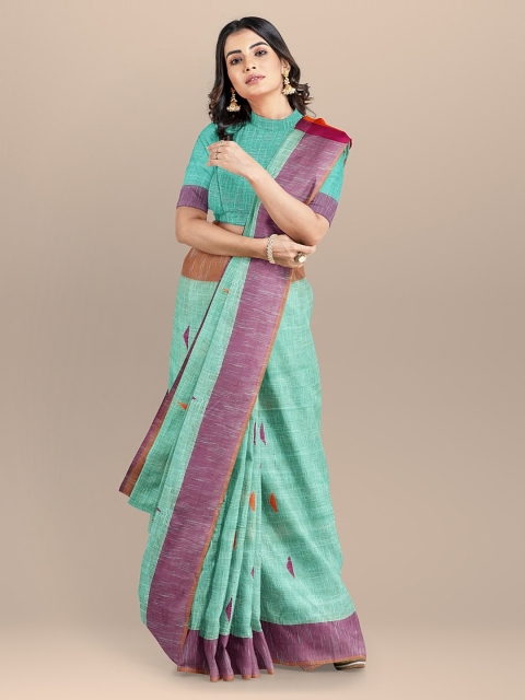 

BharatSthali Sea Green & Pink Pure Cotton Taant Woven Design Saree