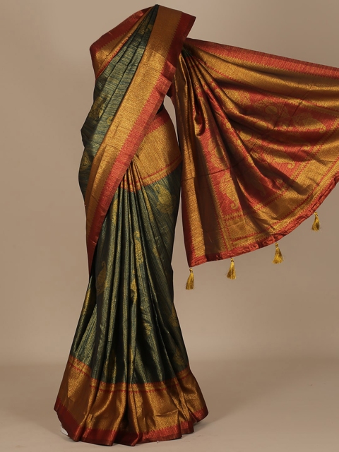 

Pothys Green & Gold-Toned Jute Silk Woven Design Saree