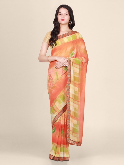 

CLAI WORLD Peach-Coloured & Green Pure Chiffon Printed Handloom Saree
