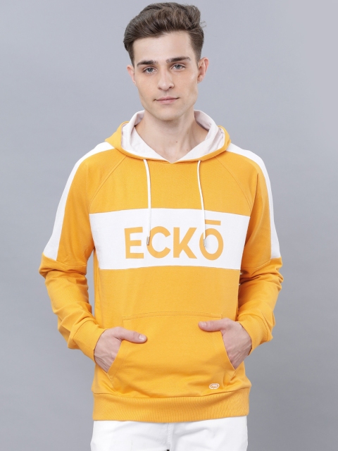 

Ecko Unltd Men Mustard & White Printed Hooded Sweatshirt