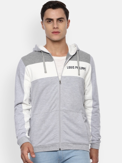 Louis Philippe Jeans Men Grey & White Colourblocked Hooded Sweatshirt