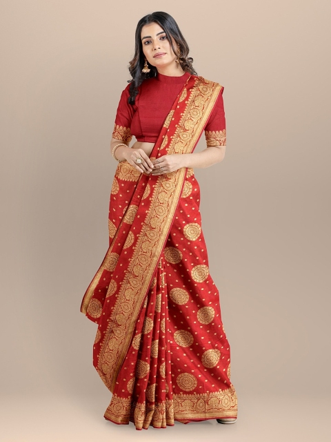 

BharatSthali Red & Gold-Toned Woven Design Banarasi Sustainable Saree