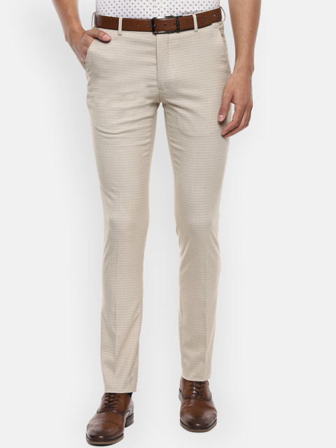 

Louis Philippe Men Cream-Coloured Slim Fit Checked Formal Trousers