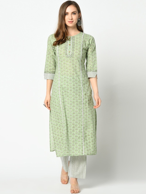 

Azira Women Green & White Printed Kurta with Trousers