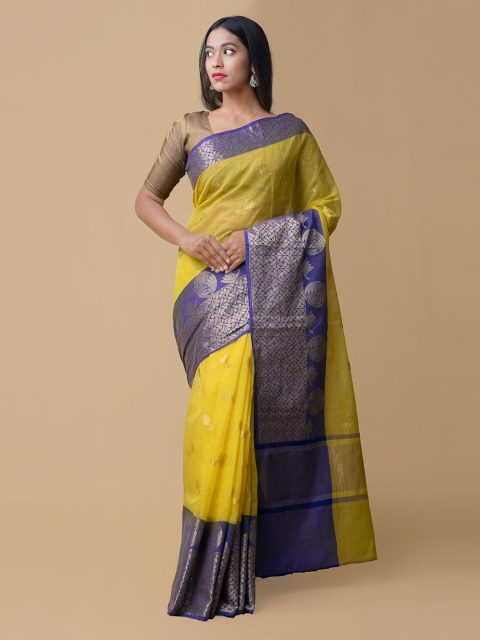 

Unnati Silks Yellow & Navy Blue Silk Cotton Checked Kota Saree