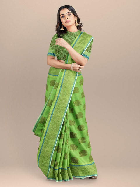 

BharatSthali Green Silk Cotton Handloom Woven Design Banarasi Sustainable Saree