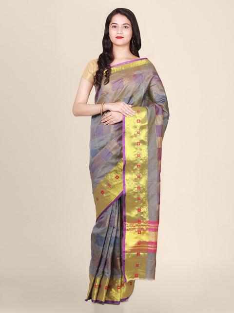 

CLAI WORLD Grey Checked Silk Blend Handloom Saree