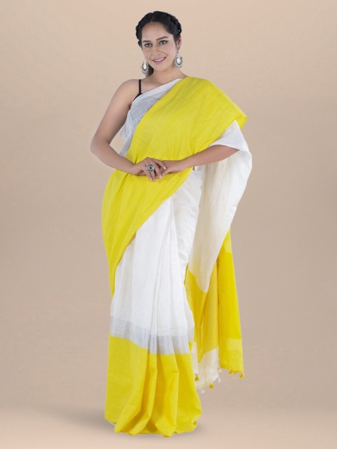 

BharatSthali White & Yellow Pure Linen Colourblocked Bhagalpuri Sustainable Saree