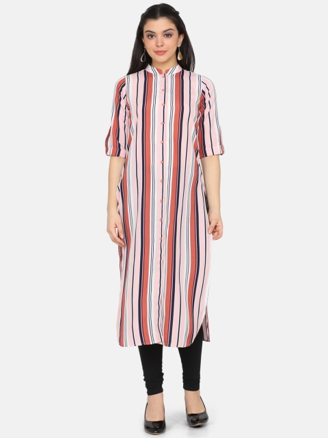 

Ojjasvi Women Pink & Red Striped Straight Kurta
