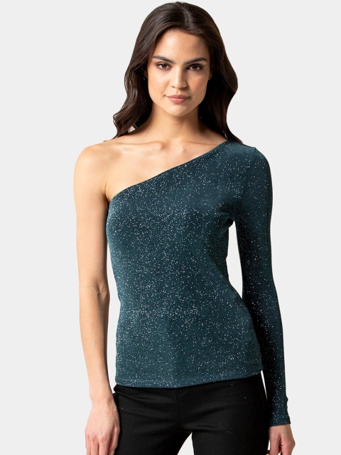 Forever New Women Teal Green One Shoulder Glitter Top