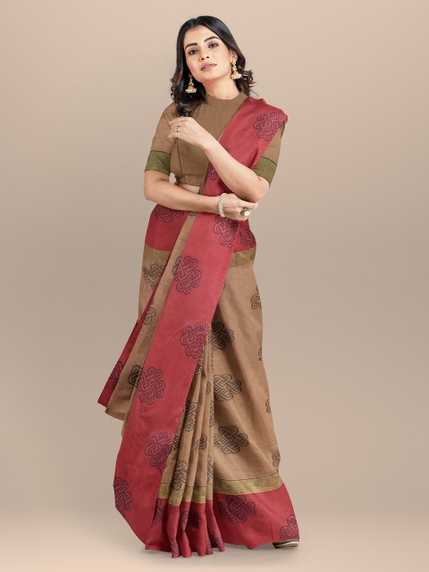 

BharatSthali Brown & Red Pure Cotton Woven Design Handloom Sustainable Saree