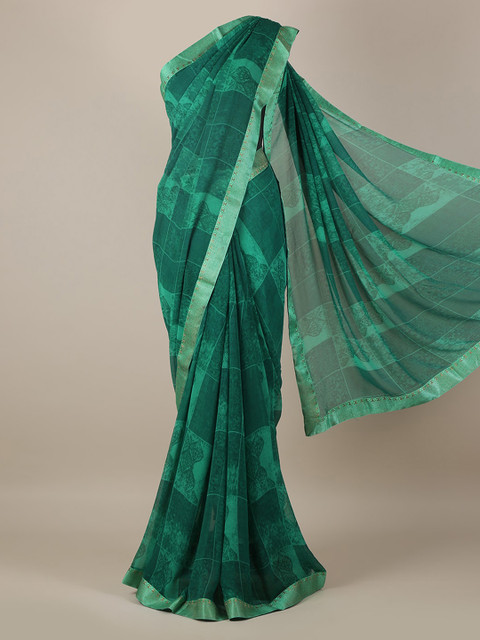 

Pothys Green Checked Poly Georgette Saree