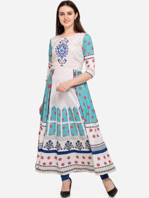 

PURVAJA Women White & Blue Printed Anarkali Kurta