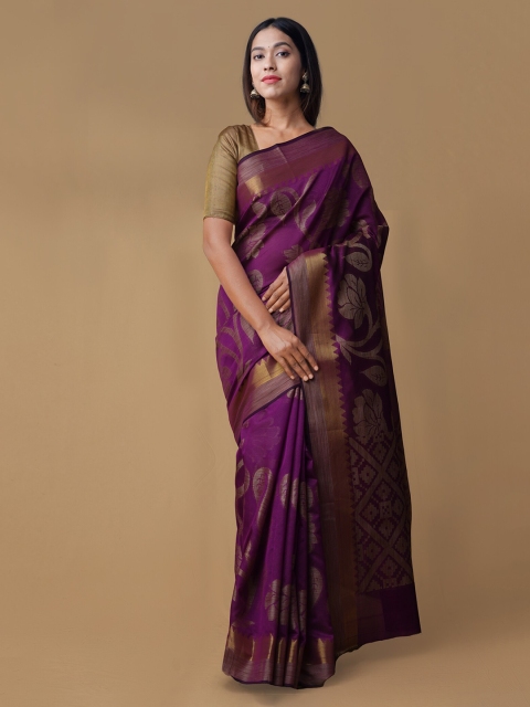 Unnati Silks Purple Silk Cotton Printed Handloom Jamdani Saree