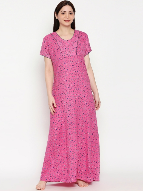 

XIN Women Pink & Navy Blue Floral-Print Nightdress
