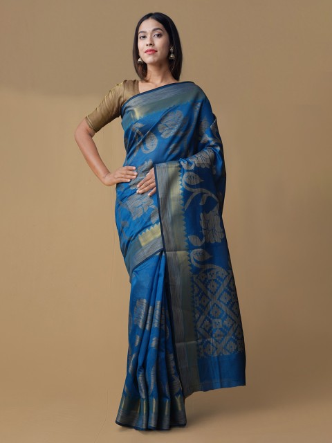 

Unnati Silks Blue Silk Cotton Printed Jamdani Saree
