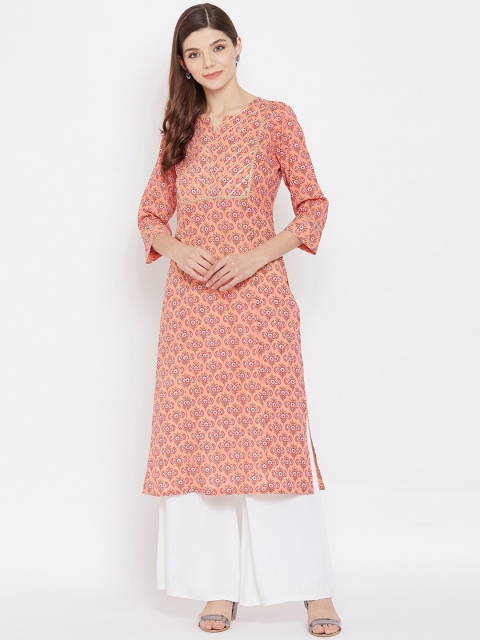 

One of a Kind Women Peach-Coloured & White Printed A-Line Kurta