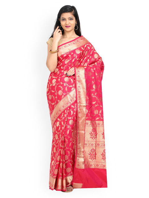 

SABOO COLLECTIONS Magenta & Gold-Toned Pure Silk Woven Design Banarasi Saree
