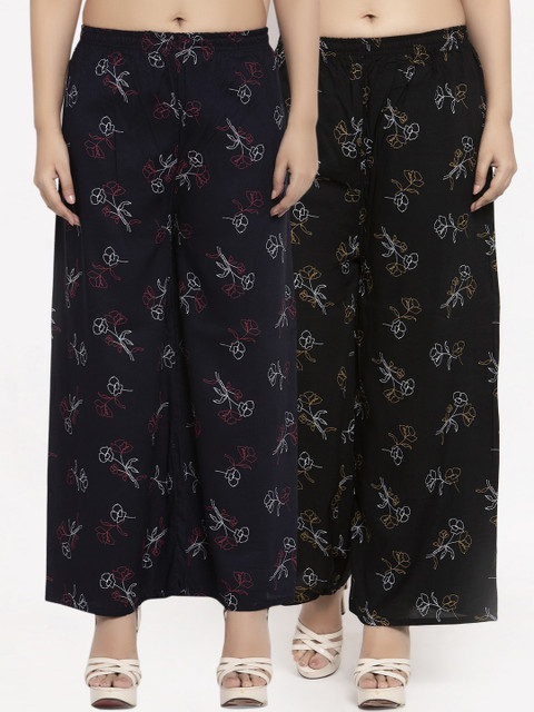 

KLOTTHE Women Pack Of 2 Black & Navy Blue Printed Straight Palazzos