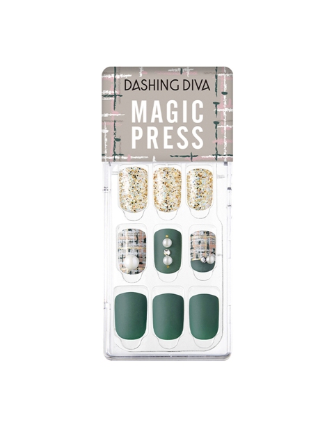

Dashing Diva Set Of 9 Teal Green Tweed Magicpress Artificial Nails