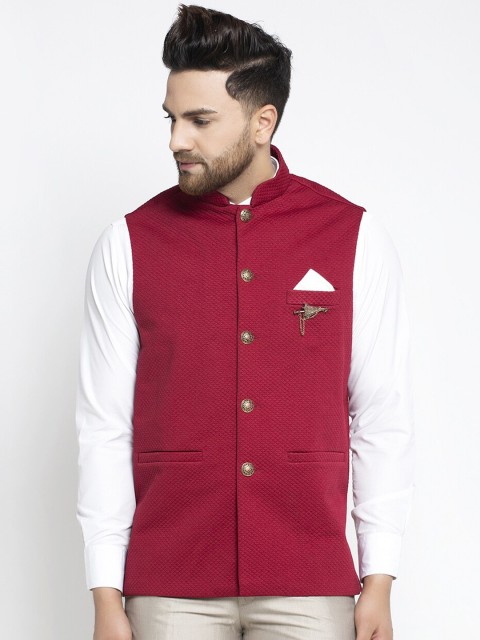 

Jompers Men Maroon Solid Woven Pure Cotton Nehru Jacket