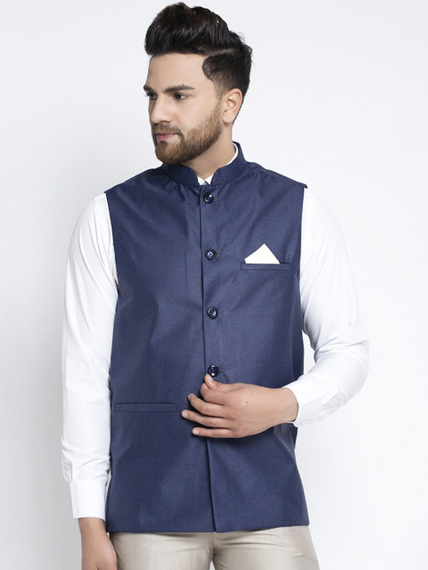 

Jompers Men Navy Blue Solid Nehru Jacket