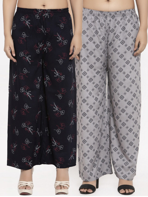 

KLOTTHE Women Pack Of 2 Grey & Black Printed Straight Palazzos