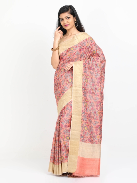 

SABOO COLLECTIONS Peach-Coloured Pure Silk Printed Tussar Saree
