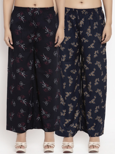 

KLOTTHE Women Pack Of 2 Black Printed Straight Palazzos, Navy blue