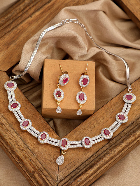 

ANIKAS CREATION Gold-Plated Silver-Toned & Magenta-Pink Ruby & American Diamond Stone Studded Jewellery Set