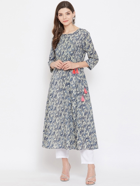 

One of a Kind Women Beige & Blue Printed A-Line Kurta