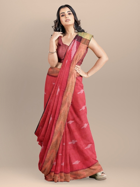 

BharatSthali Red & Gold-Coloured Pure Cotton Woven Design Ikat Saree