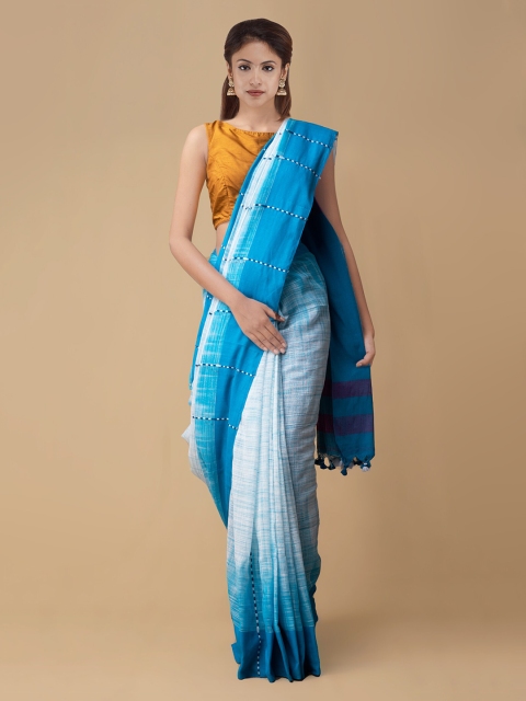 

Unnati Silks Blue & White Pure Linen Woven Design Jamdani Handloom Saree