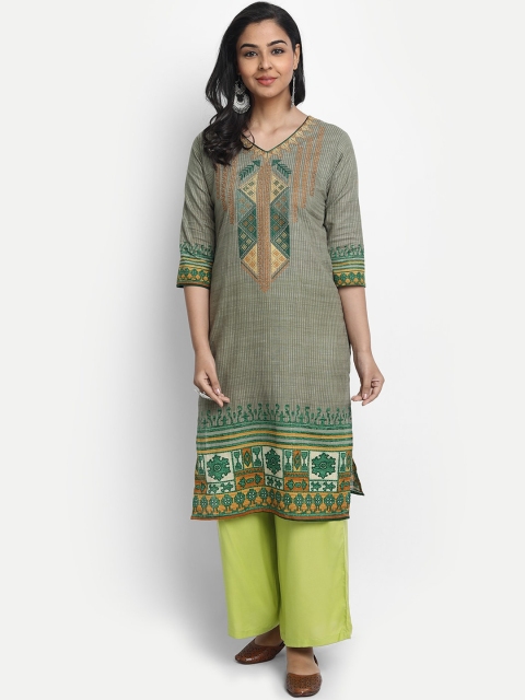 

7Threads Women Green Embroidered Cotton Straight Kurta