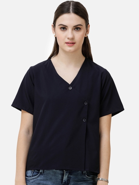 

DECHEN Women Navy Blue Solid Wrap Top