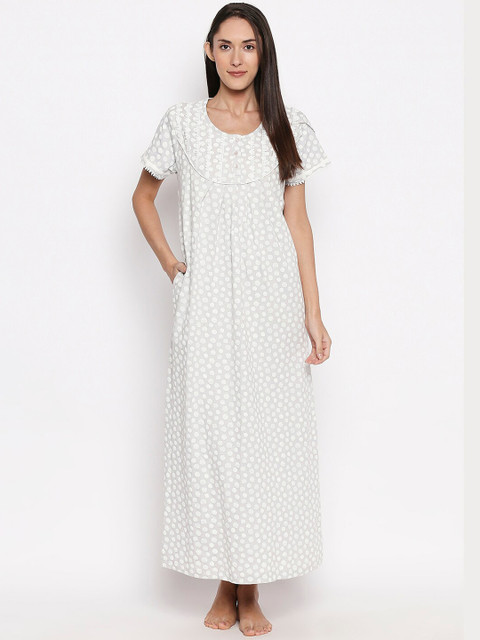 

XIN Women Grey & White Polka Dots Printed Maxi Nightdress