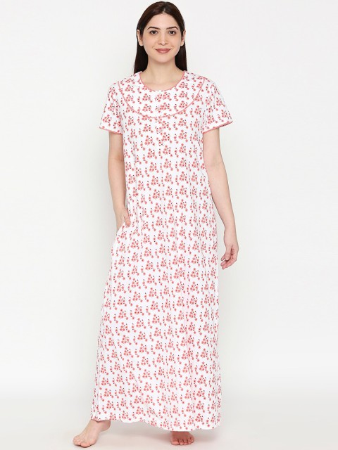 

XIN Women White & Pink Floral Printed Maxi Nightdress