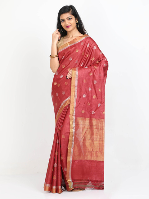

SABOO COLLECTIONS Rust & Gold-Toned Pure Silk Woven Design Tussar Saree