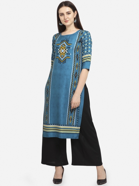 

PURVAJA Women Turquoise Blue & Black Striped Straight Kurta