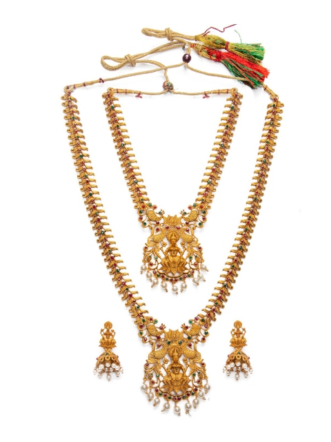 

Alankruthi Gold-Plated Pink & Green Stone Studded Sustainable Jewellery Set