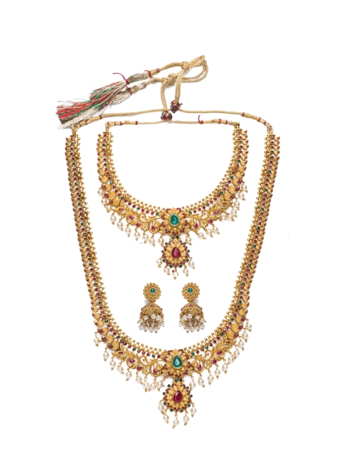 

Alankruthi Gold-Plated Pink & Green Stone Studded Sustainable Jewellery Set, Multi