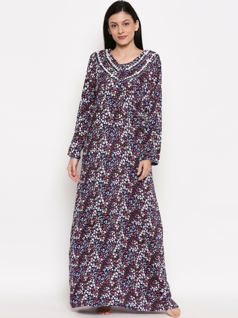 

XIN Women Navy Blue & Brown Printed Maxi Nightdress