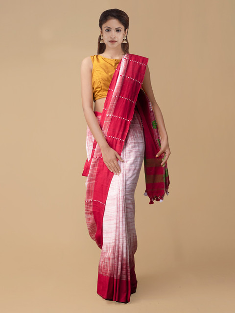 

Unnati Silks White & Red Pure Linen Printed Jamdani Saree