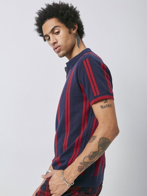

FOREVER 21 Men Blue & Red Striped Polo Sweater