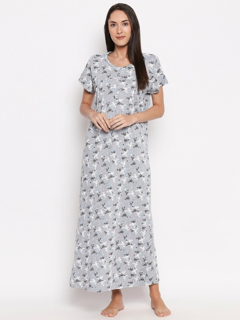

XIN Women Grey & White Printed Maxi Nightdress