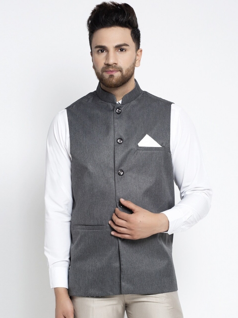 

Jompers Men Charcoal Grey Solid Nehru Jacket