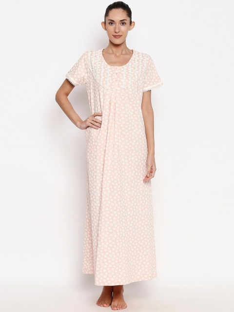 XIN Women Peach-Coloured & White Printed Nightdress